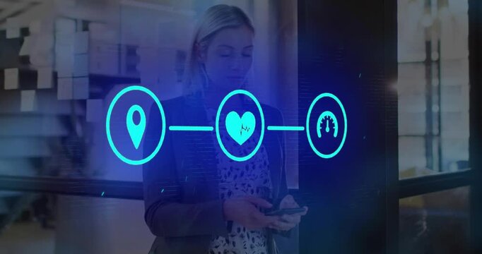 Businesswoman tapping phone and causing floating location pin, heart and speedometer via neon lines