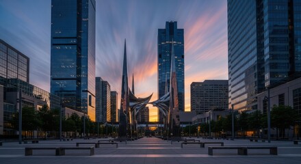 Naklejka premium Modern cityscape with sleek skyscrapers and abstract sculpture at dusk with vibrant sky
