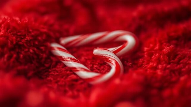 Candy canes forming heart shape on red fabric background