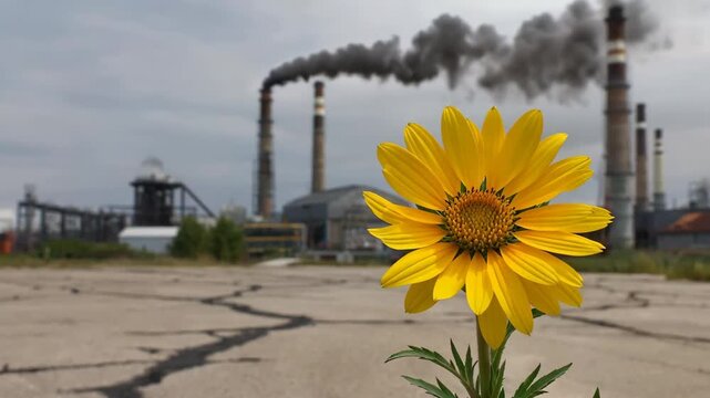 Yellow flowers blooming in front of the factory
