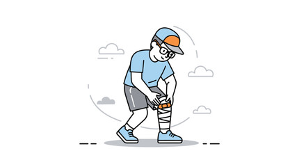 Obraz premium Illustration of a young athlete preparing to run with a bandaged leg in a casual sports outfit on a simple outdoor background