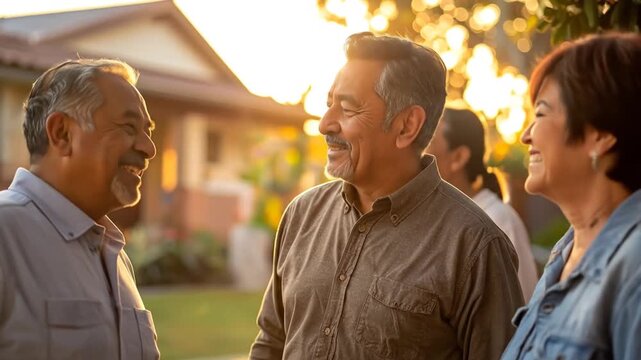 Group of Friends Conversing Outdoors at Sunset.