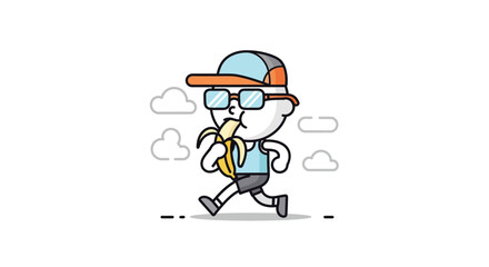 Animated cartoon character of an elderly person enjoying a walk outdoors wearing casual clothing and a cap in a simplistic