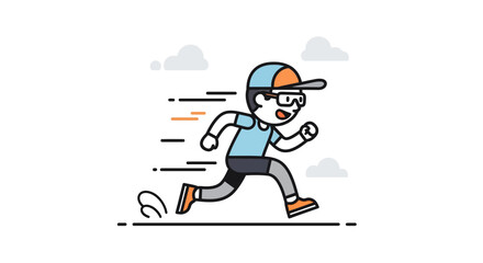 Dynamic animated illustration of a young boy running outdoors wearing a cap and sportswear for active play and exercise during