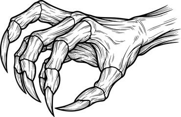 Creepy zombie hand silhouette with skeletal fingers for Halloween horror and eerie undead monster theme &ndash; Black and White Vector Illustration