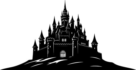 Naklejka premium Medieval castle silhouette with majestic towers and fortress architecture for fantasy fairy tale and historic landmark design – Black and White Vector Illustration