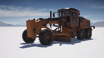 A powerful grader stands alone on a vast, dry terrain. It is ready for construction tasks in a remote area, surrounded by distant mountains under a bright, clear sky. © icetray
