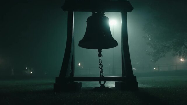 A large bell hangs inside a wooden frame, silhouetted against a foggy night