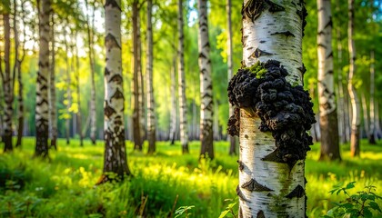 Birch Tree Forest with Sunlight Streaming Through Leaves.