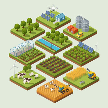 Isometric Farm Landscape Scenes with Various Elements.