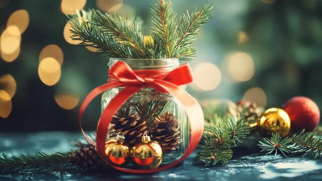 Christmas decoration jar with pine needles cones and golden ornaments