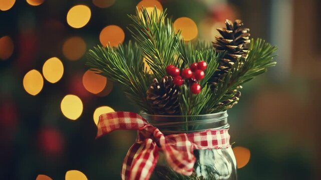 Christmas festive decoration with pine berries and blurred lights background