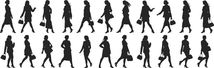 Obraz premium Extensive collection of female business silhouettes in diverse walking and standing poses with handbags, representing career women and fashion