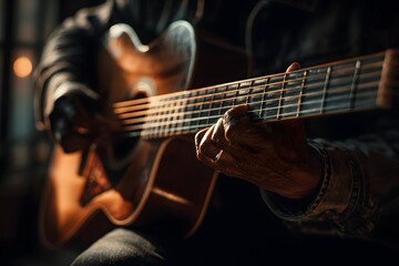 Obraz premium guitar artist plays an intimate soulful acoustic in a modern studio with luminous touch