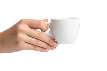 A hand holding a white coffee mug isolated on transparent background