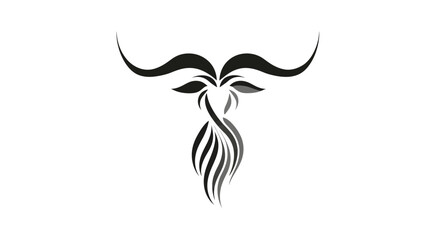 Fototapeta premium Stylized tribal bull head graphic design with elegant horns and beard, black and white animal logo art for tattoo or emblem