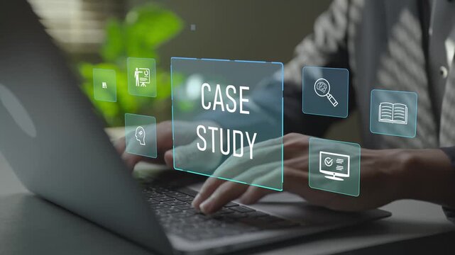 Case study analysis concept focused on research, evaluation and insights. Professional examining business cases and findings using a laptop-based digital platform.