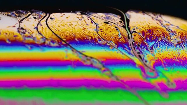 Close-up macro footage of an iridescent soap bubble displaying flowing rainbow light waves and organic liquid forms. Suitable for science education, mindfulness content, luxury visuals, and premium ab