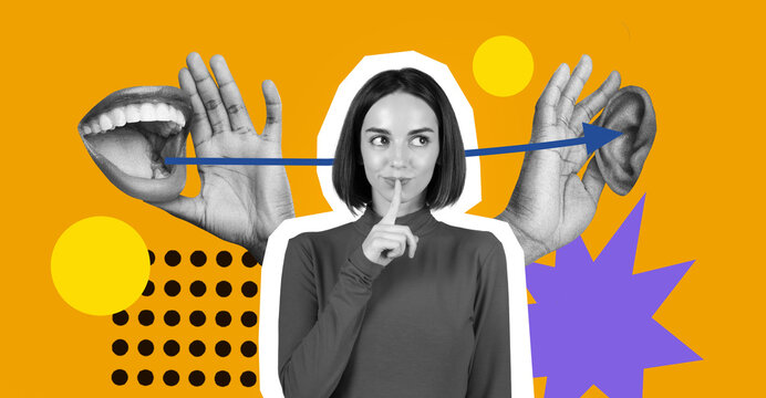This collage presents various elements of communication. It features hands, ears, and a person looking thoughtful while making a shushing gesture. The background is vibrant and colorful.