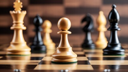 A close-up view of a chessboard featuring a pawn and various chess pieces, highlighting the strategic and competitive nature of the game.