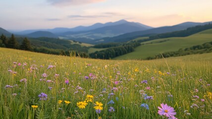 Fototapeta premium A Dreamy Meadow View Framed By Colorful Wildflowers Under A Warm Golden Sunset