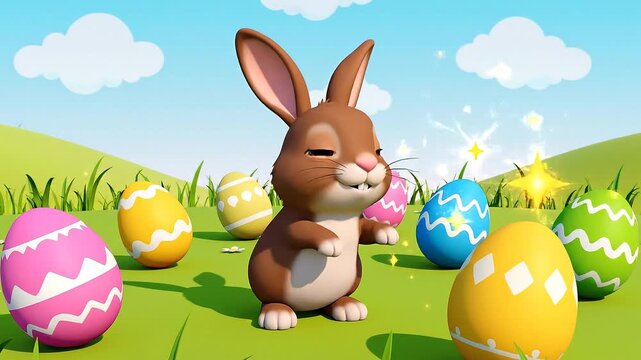 Animated cartoon of a cheerful brown rabbit pulling a basket filled with colorful Easter eggs, walking from left to right on a green screen background with a sunny landscape.