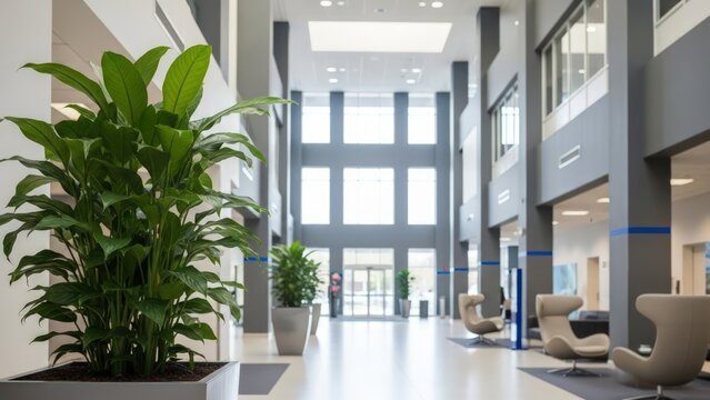 Spacious modern building interior with a large green plant, tall windows, and lounge seating