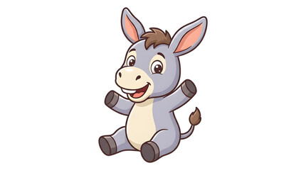 Cute cartoon donkey sitting happily on white background