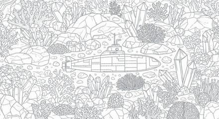 Obraz premium Detailed line art coloring page of a submarine exploring an intricate underwater landscape filled with rocks, corals, and large crystal formations.