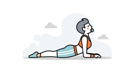 Fototapeta premium Relaxing yoga pose with a person performing a gentle cobra stretch outdoors in a minimalistic illustrated scene emphasizing