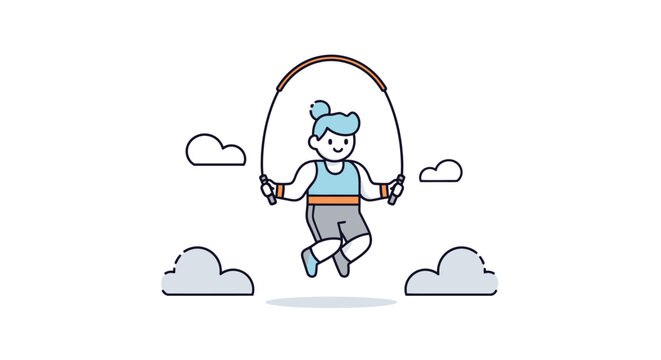 Cute cartoon girl joyfully swinging on a sky-high playground swing amidst fluffy clouds in a whimsical illustration for