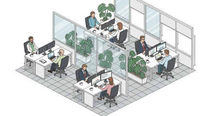 Team members working at white desks in a modern isometric office, split by a wall, surrounded by plants and computers, viewed from a 45° angle