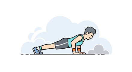 Fototapeta premium Simple cartoon illustration of a man performing a plank exercise on a flat surface with clouds in the background emphasizing