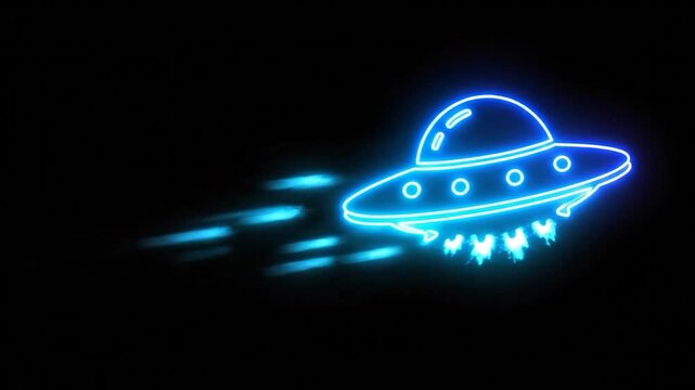 A glowing neon blue UFO zipping through space, leaving a trail against a stark black backdrop