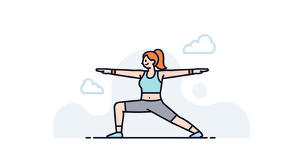Fototapeta premium Illustration of a Woman Performing Warrior Pose Yoga Exercise Outdoors in Clear Weather