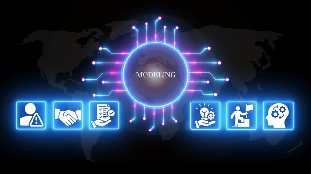 Global Business Modeling Concept with Neon and Map Background neon map technology innovation