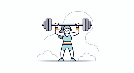 Fototapeta premium Illustration of a Strong Woman Lifting Heavy Barbell in a Fitness Scene for Motivation and Strength Building in a Minimalist Style