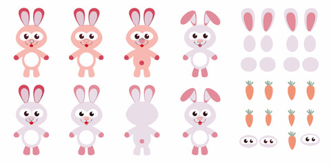 Cute cartoon rabbits and their parts a playful design element