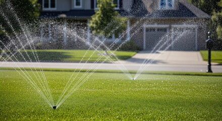 Automatic lawn sprinkler system waters green grass in front of a suburban home on a bright sunny day. Summer, gardening, and home care.
