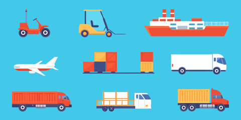 Various modes of transport and cargo containers in a flat vector style © Lolita