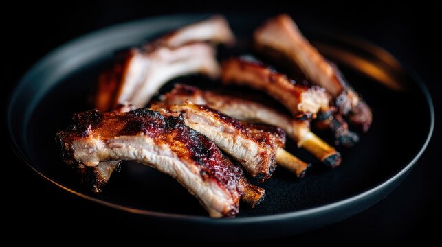 Juicy Barbecue Pork Ribs on a Black Plate with a Dark Background, Perfect for Food Photography and Culinary Visuals