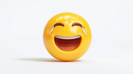 Fototapeta premium Smiling face emoji laughing with tears of joy on white background.