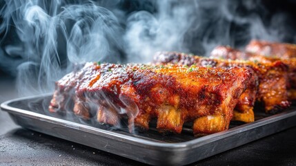 Delicious barbecue ribs served on a stainless steel pan with smoke rising, showcasing mouthwatering glaze and tender meat for food lovers