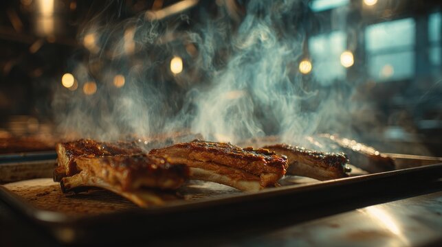 Freshly Grilled Meaty Ribs with Smoky Aroma in a Rustic Kitchen Environment, Glorious Bokeh Lighting, Capturing Culinary Excellence and Deliciousness