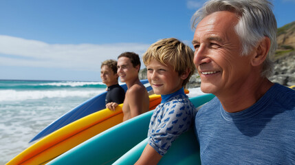 Fototapeta premium Multi-generational family of males carrying surfboards on beach, father son grandfather bonding, coastal lifestyle across ages, surfing tradition passed down, oceanic family activi