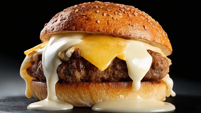 A close-up shot of a burger with melted cheese and creamy sauce, appetizing on dark background