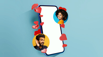 Two people appear on a smartphone screen, showing expressions of joy and connection. Floating hearts surround the phone, indicating interaction and communication in a bright setting.