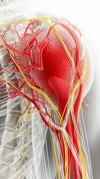 Anatomical illustration of human shoulder with blood vessels and nerves vertical video