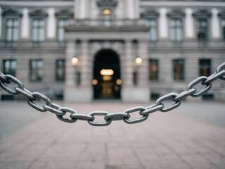 Naklejka premium Metal chain barrier in front of historic government building entrance with blurred background and warm lights