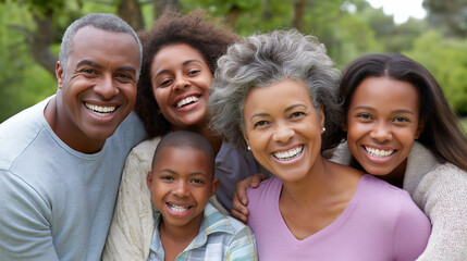 Fototapeta premium Multigenerational family portrait captured in park setting, outdoor generational photo, diverse ages together in nature, family unity documentation, green space gathering, heredita